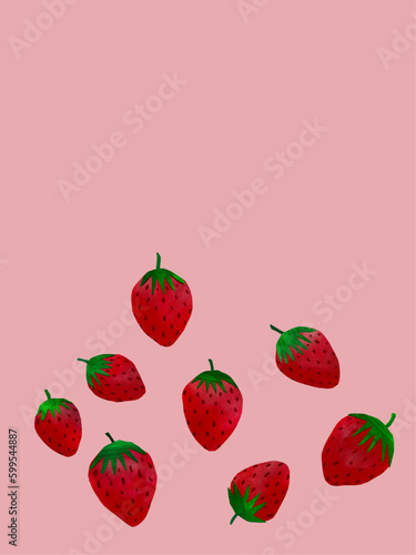 苺の手描き切り絵のイラスト、コピースペースのあるいちごの手描きイラスト素材、フルーツ果物のイラスト素材、いちごの絵のコラージュ