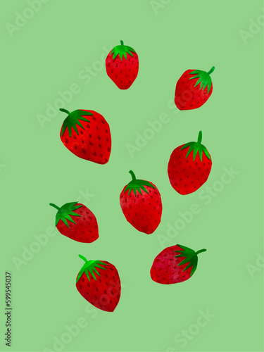 苺の手描き切り絵のイラスト、コピースペースのあるイチゴの手描きイラスト素材、フルーツ果物のイラスト素材、いちごの絵のコラージュ