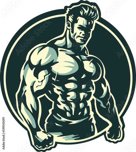 A gym and fitness logo with man with a big biceps on his chest 