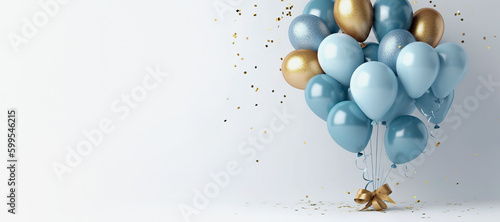 Blue and gold balloons on a blue background. Banner, place for text. AI generation