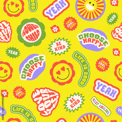 Trendy colorful cartoon stickers seamless pattern with smiling face and text on a yellow background. Collection of cute funny icons, positive slogans in style 70, 80s. Vector illustration