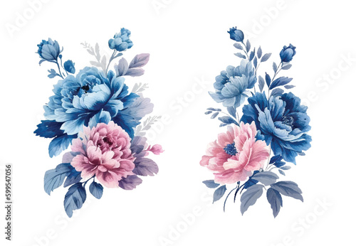 Vintage watercolor blue and pink flowers, isolated and editable vector.