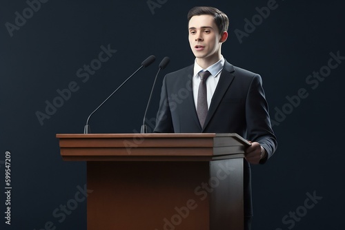 Politician standing at rostrum with microphones. Generative AI photo