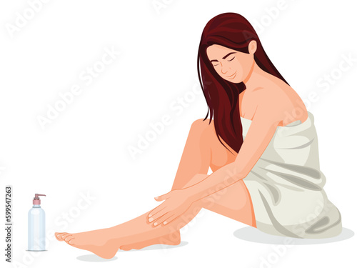 pretty woman with slender legs puts moisturising cream on healthy skin