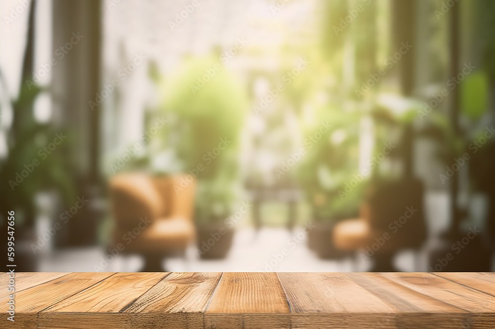 Empty wooden table in coffee shop with blurred background. created with Generative AI Empty wooden table in coffee shop with blurred background. created with Generative AI