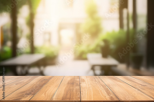 Empty wooden table in coffee shop with blurred background. created with Generative AI