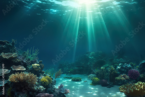 Tropical Seabed - An Underwater Scene with Vibrant Reef and Sunshine. created with Generative AI © photobuay