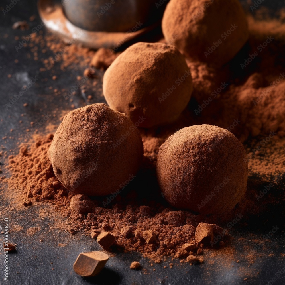 A close-up of delicious chocolate truffles with a cocoa powder dusting A close-up of delicious chocolate truffles with a cocoa powder dusting