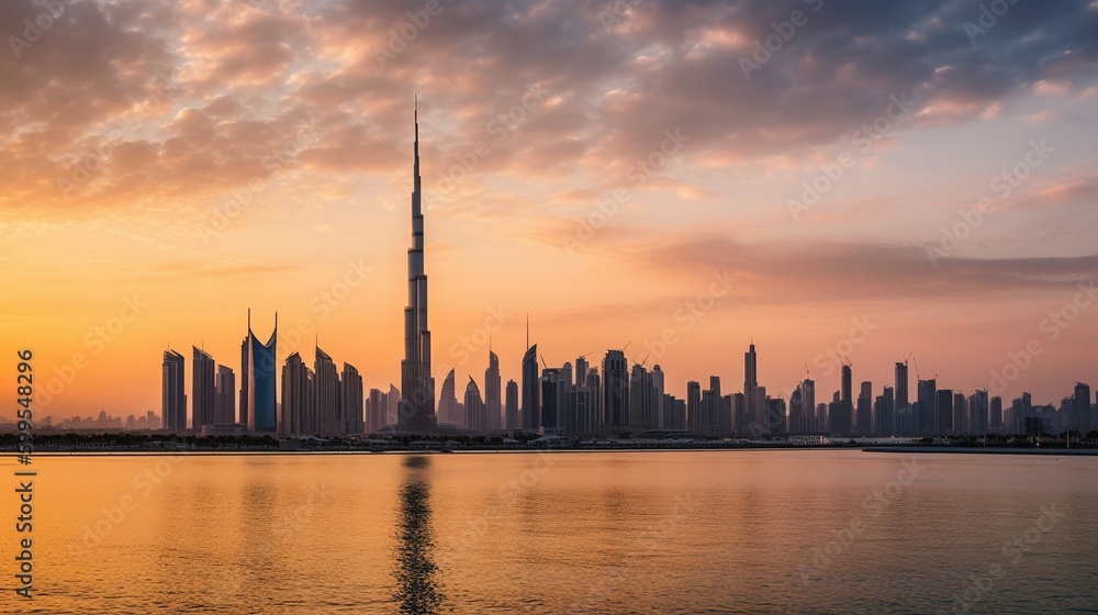 Panoramic view of the Dubai skyline at sunset.