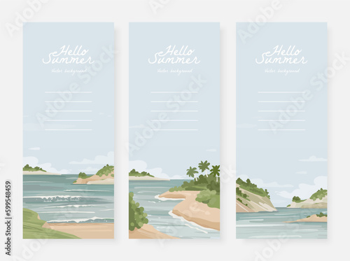 Set of vector landscape background. Beautiful illustration of sandy summer beach. Summer holidays vertical banner design template