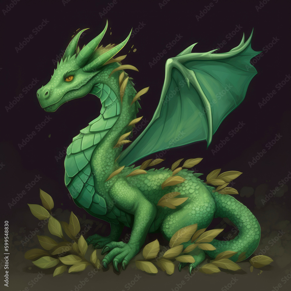 Fototapeta premium Full-lenght green wooden dragon with leaves and branches growing from scales. Symbol of 2024. Chinese New Year. High resolution. Generative AI, human enhanced