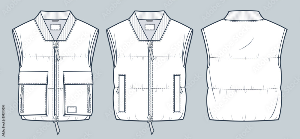 Set of Cropped padded Waistcoat technical fashion Illustration ...