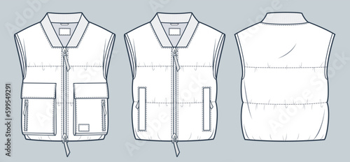 Set of Cropped padded Waistcoat technical fashion Illustration. Sleeveless Bomber Jacket fashion technical drawing template, pocket, zip-up, front, back view, white, women, men, unisex CAD mockup set.
