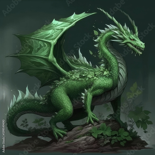 Full-lenght green wooden dragon with leaves and branches growing from scales. Symbol of 2024. Chinese New Year. High resolution. Generative AI  human enhanced