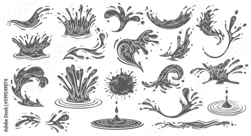 Water splashes glyph icons set vector illustration. Stamps of ocean and sea waves spray droplets and splatters, fresh aqua liquid and pure drink drip, spill and flow with swirls and water bubbles