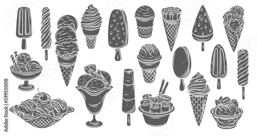 Ice cream glyph icons set vector illustration. Stamps collection of frozen summer dessert for restaurant menu, sundae in waffle cone, spiral ice lolly and popsicle on stick, frozen gelato in bowl