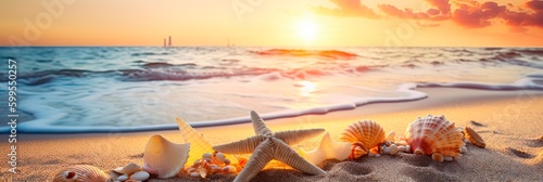 Seashells and starfish on a sandy beach at sunset. Generative AI