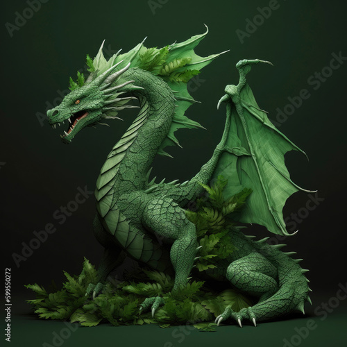 Full-lenght green wooden dragon with leaves and branches growing from scales. Symbol of 2024. Chinese New Year. High resolution. Generative AI, human enhanced © Sheremetio