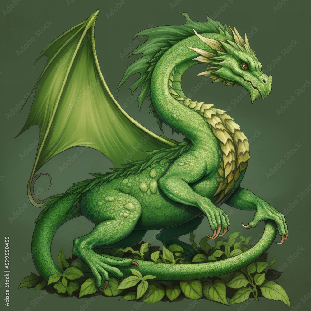 Obraz premium Full-lenght green wooden dragon with leaves and branches growing from scales. Symbol of 2024. Chinese New Year. High resolution. Generative AI, human enhanced