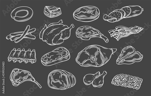 Meat outline icons set vector illustration. Hand drawn beef and pork steaks with or without bone, barbecue sausages and ribs, chicken and prosciutto in white line butchery meat collection on black photo