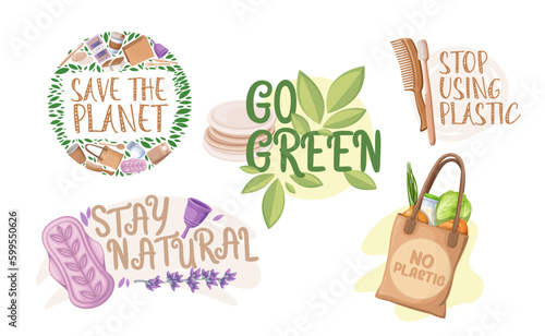 Zero waste stickers set with eco friendly motivation slogans vector illustration. Cartoon isolated zero waste lifestyle badges collection with reusable hygiene tools and bio products  green leaves