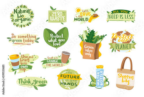 Zero waste eco stickers set vector illustration. Cartoon isolated eco friendly badges and labels design collection with motivation slogans of global environment protection and nature support