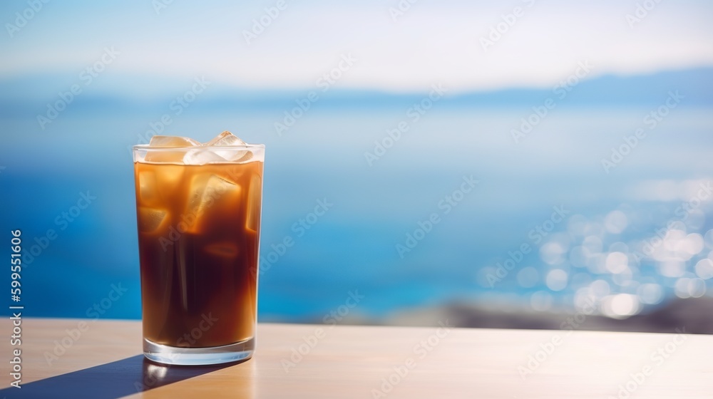 Iced cold coffee at the beach bar with blurred tropical seascape in the background, Generative AI