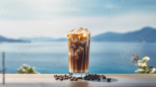 Iced cold coffee at the beach bar with blurred tropical seascape in the background, Generative AI