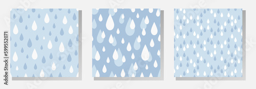 Abstract white and blue raindrops on blue background. Vector seamless patterns collection.