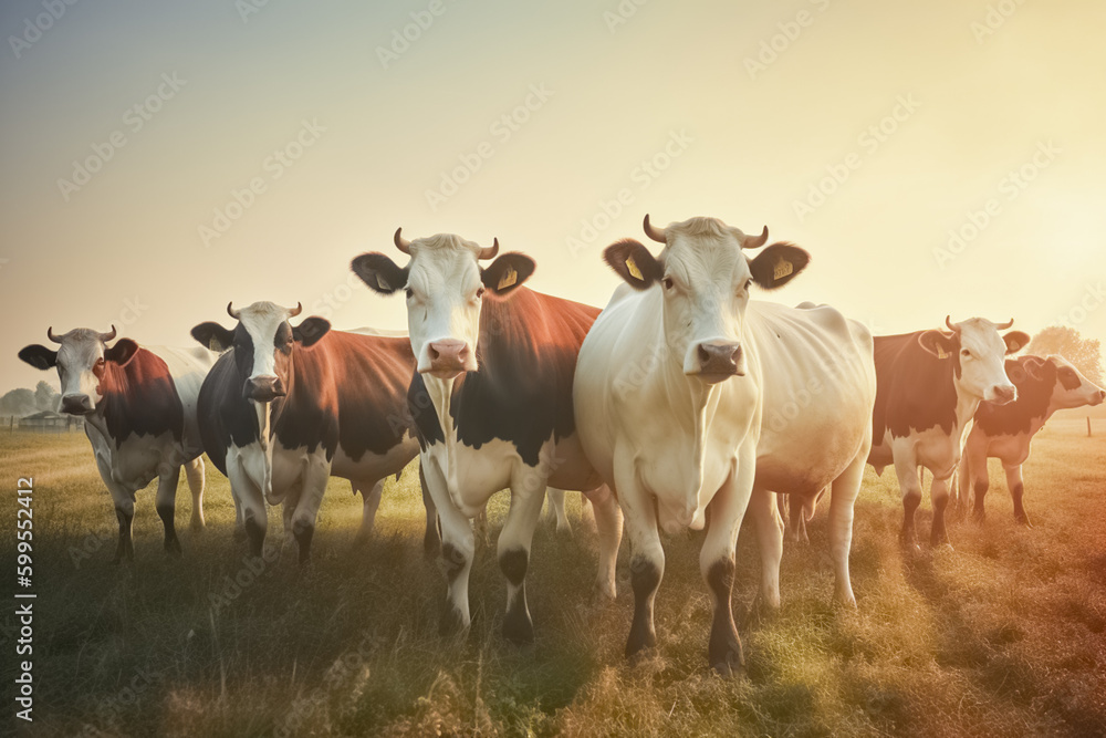 Herd of cows grazing on a farmland. Dairy cows. Sustainable farming.
