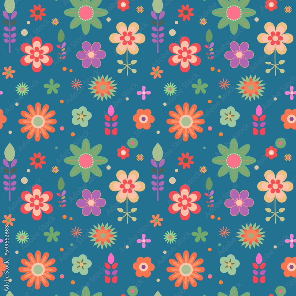 Seamless pattern with groovy hippie retro flowers in flat style. Seamless 