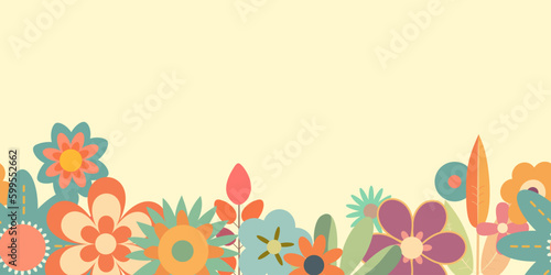 Border with groovy hippie retro flowers in flat style. Seamless 