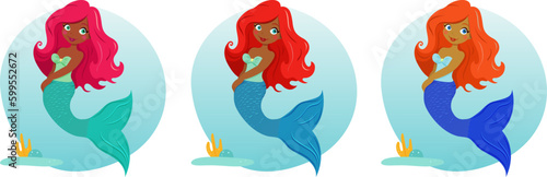 Cartoon character – dark-skinned mermaid   in different hues. Vector illustration