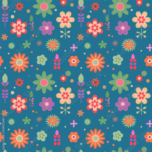 Seamless pattern with groovy hippie retro flowers in flat style. Seamless 