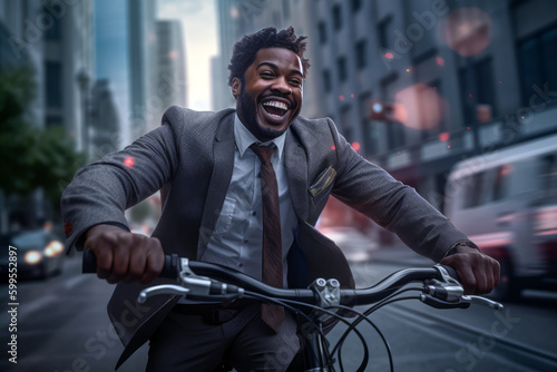 Generative AI Illustration of a black businessman smiling while cycling through the city