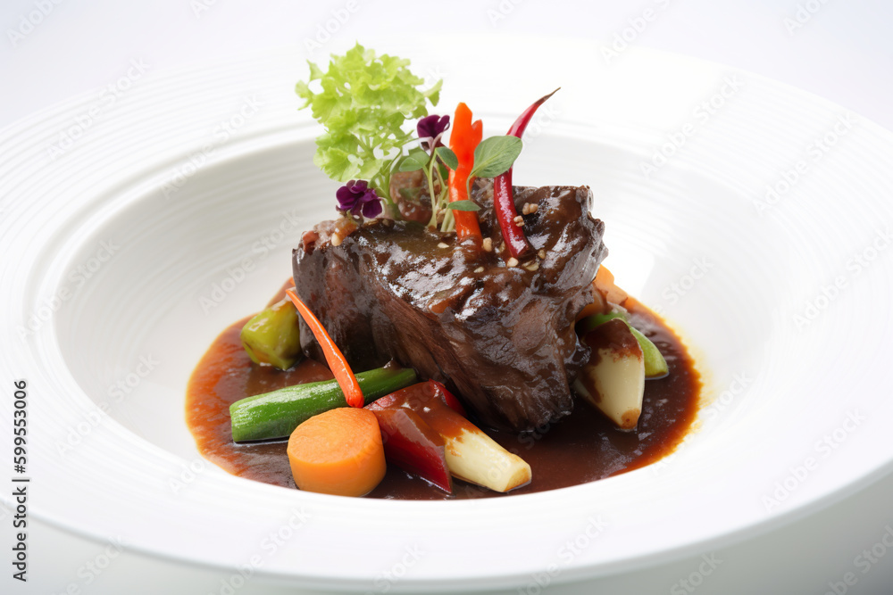 Galbi jjim: Braised beef short ribs with vegetables, Korean dish on white background. Generative AI Galbi jjim: Braised beef short ribs with vegetables, Korean dish on white background. Generative AI