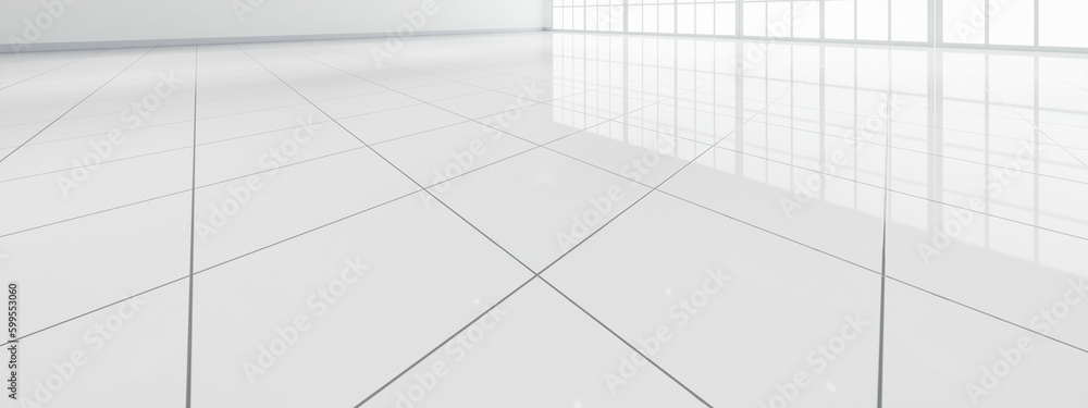 3d rendering of close up white tile floor in perspective view, empty space in room, window and light. Modern interior home design look clean, bright, shiny surface with texture pattern for background. - obrazy, fototapety, plakaty 