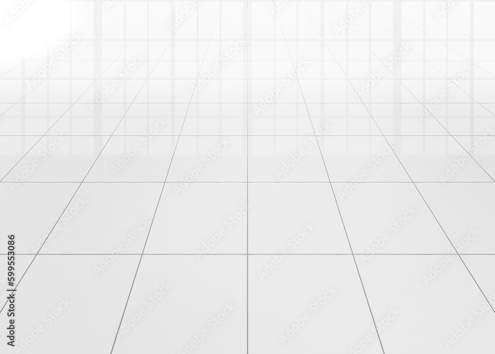 White tile floor with grid line of square texture pattern in perspective. Clean shiny of ceramic surface. Modern interior home design for bathroom, kitchen and laundry room. Empty space for background White tile floor with grid line of square texture pattern in perspective. Clean shiny of ceramic surface. Modern interior home design for bathroom, kitchen and laundry room. Empty space for background
