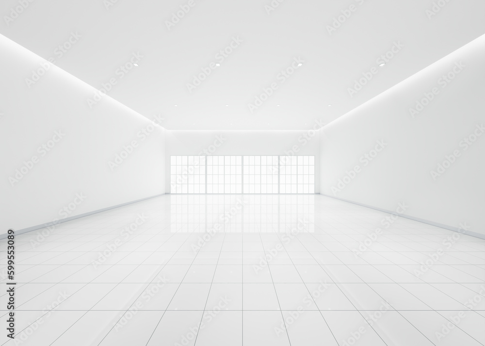 3d rendering of white empty space in room, ceramic tile floor in perspective, window and ceiling strip light. Interior home design look clean, bright, shiny surface with texture pattern for background - obrazy, fototapety, plakaty 
