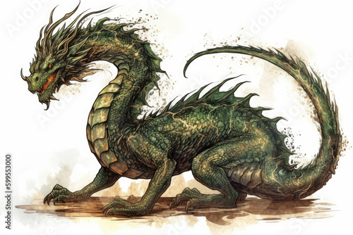 Painted image of full lenght green wooden dragon isolated on white background. Symbol of 2024. Chinese New Year. High resolution. Generative AI  human enhanced