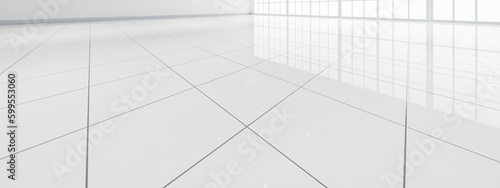 3d rendering of close up white tile floor in perspective view, empty space in room, window and light. Modern interior home design look clean, bright, shiny surface with texture pattern for background.