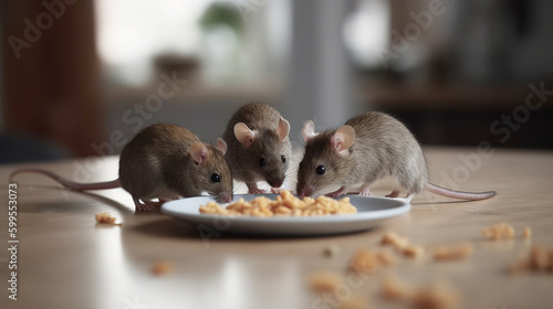 Mice on the kitchen table eat crumbs close-up. AI generated 