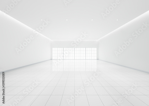 Canvas Print 3d rendering of white empty space in room, ceramic tile floor in perspective, window and ceiling strip light