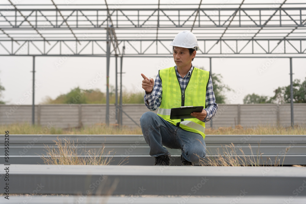 inspector or engineer is inspecting construction and quality assurance new factory using a checklist. Engineers or architects or contactor work to build the factory before handing it over to the owner inspector or engineer is inspecting construction and quality assurance new factory using a checklist. Engineers or architects or contactor work to build the factory before handing it over to the owner