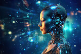 Generative AI Illustration of a humanoid in profile on a blue futuristic background with the brain illuminated by flashes of the neural connections between its human part and its robotic part
