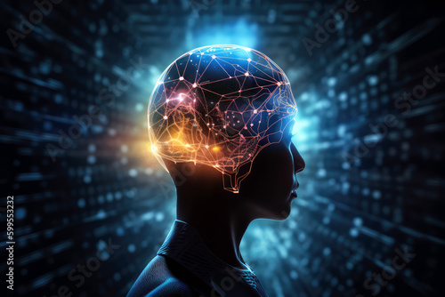 Generative AI Illustration of a humanoid in profile on a blue futuristic background with the brain illuminated by flashes of the neural connections between its human part and its robotic part