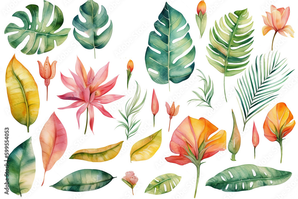watercolor painting of tropical leaves,Generative AI - obrazy, fototapety, plakaty 