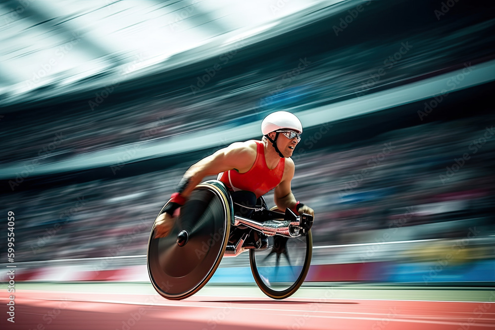 Fototapeta premium Generative AI Illustration of a Paralympian competing in a track race with his wheelchair
