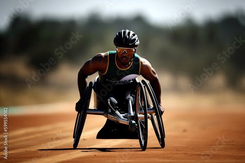 Generative AI Illustration of a Paralympian competing in a track race with his wheelchair © Supermelon
