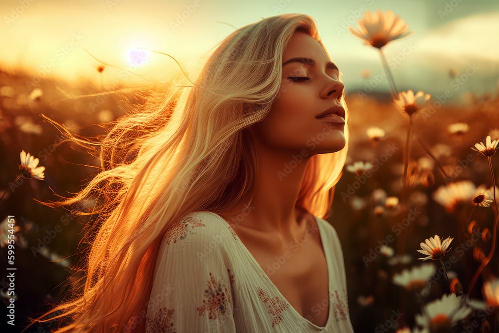 Generative AI Illustration of a blonde woman with her eyes closed in a ...